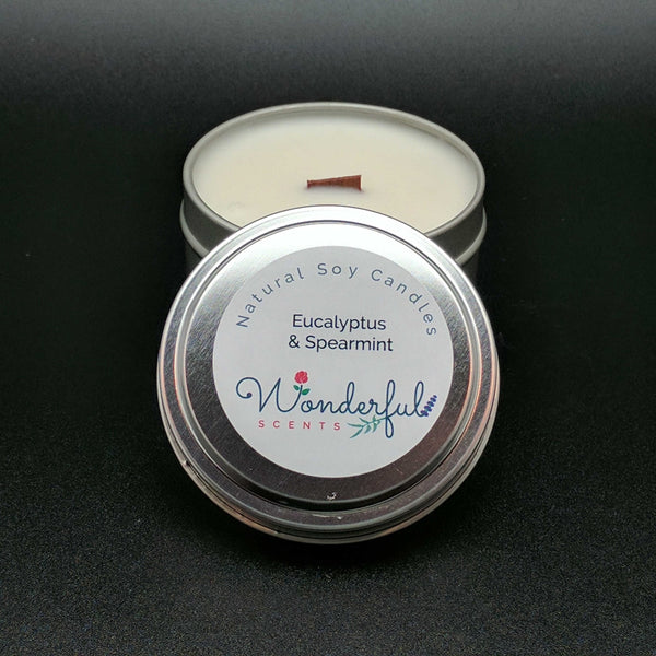 6 oz Soy Wax Travel Tin Eucalyptus and Spearmint Candles With Wood Wick