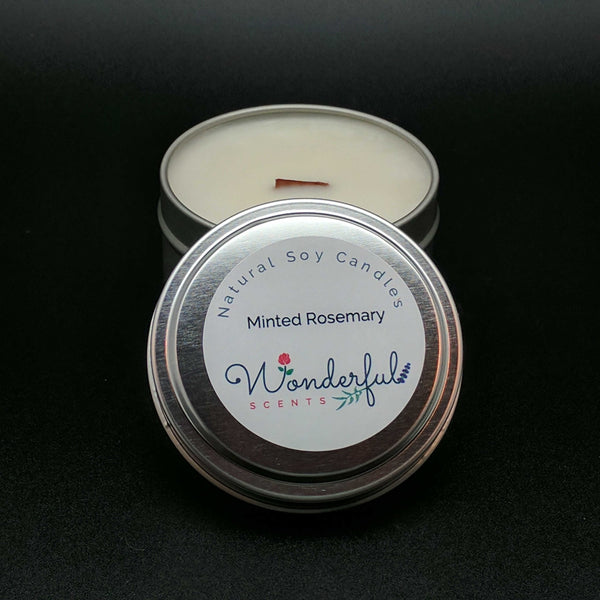 6 oz Soy Wax Travel Tin Minted Rosemary Candles With Wood Wick