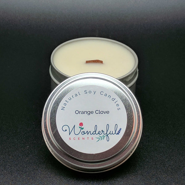6 oz Soy Wax Travel Tin Orange Clove Candles With Wood Wick