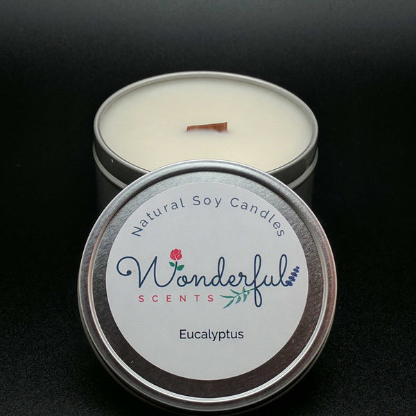 6 oz Soy Wax Travel Tin Eucalyptus Candles With Wood Wick