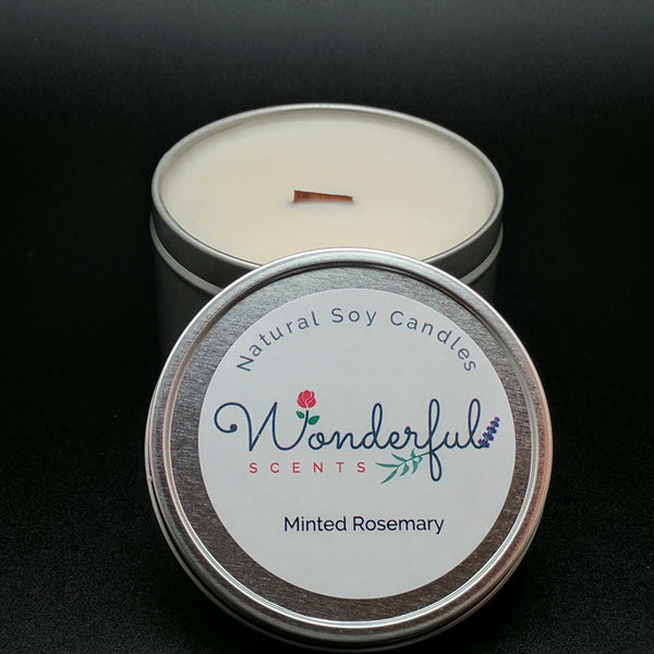 8 oz Soy Wax Travel Tin Minted Rosemary Candles With Wood Wick