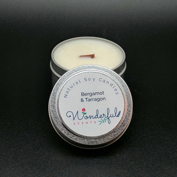4 oz Soy Wax Travel Tin Bergamot and Tarragon Candles With Wood Wick
