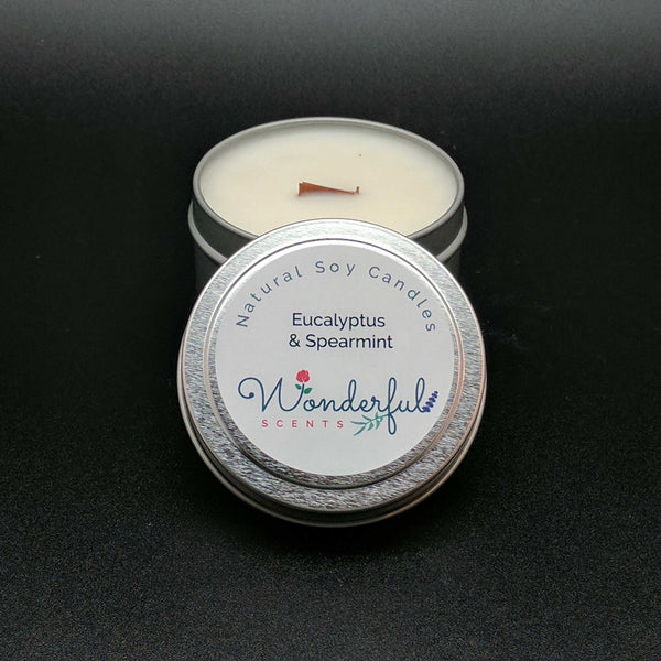 4 oz Soy Wax Travel Tin Eucalyptus and Spearmint Candles With Wood Wick