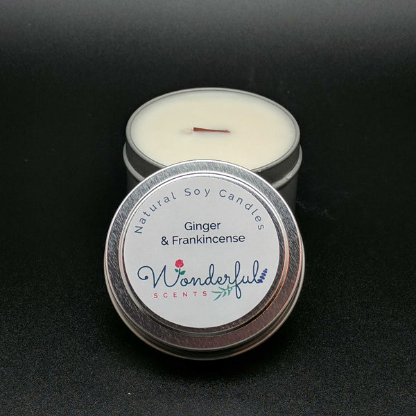 4 oz Soy Wax Travel Tin Ginger and Frankincense Candles With Wood Wick