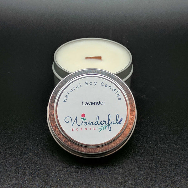 4 oz Soy Wax Travel Tin Lavender Candles With Wood Wick