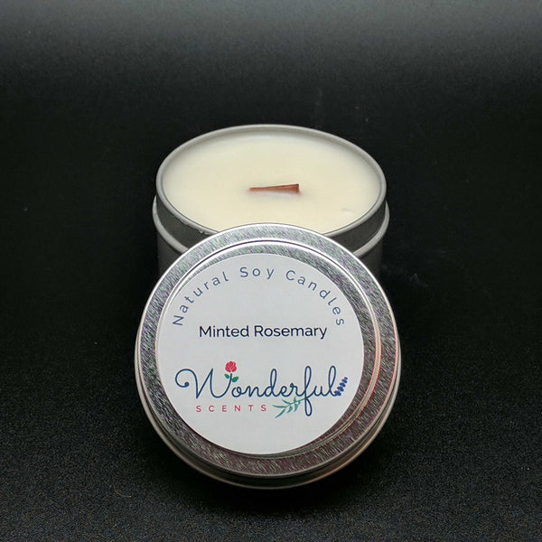 4 oz Soy Wax Travel Tin Minted Rosemary Candles With Wood Wick