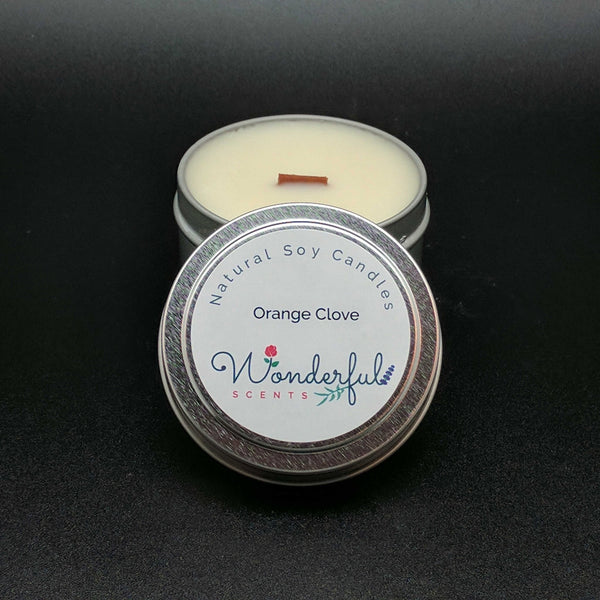 4 oz Soy Wax Travel Tin Orange Clove Candles With Wood Wick