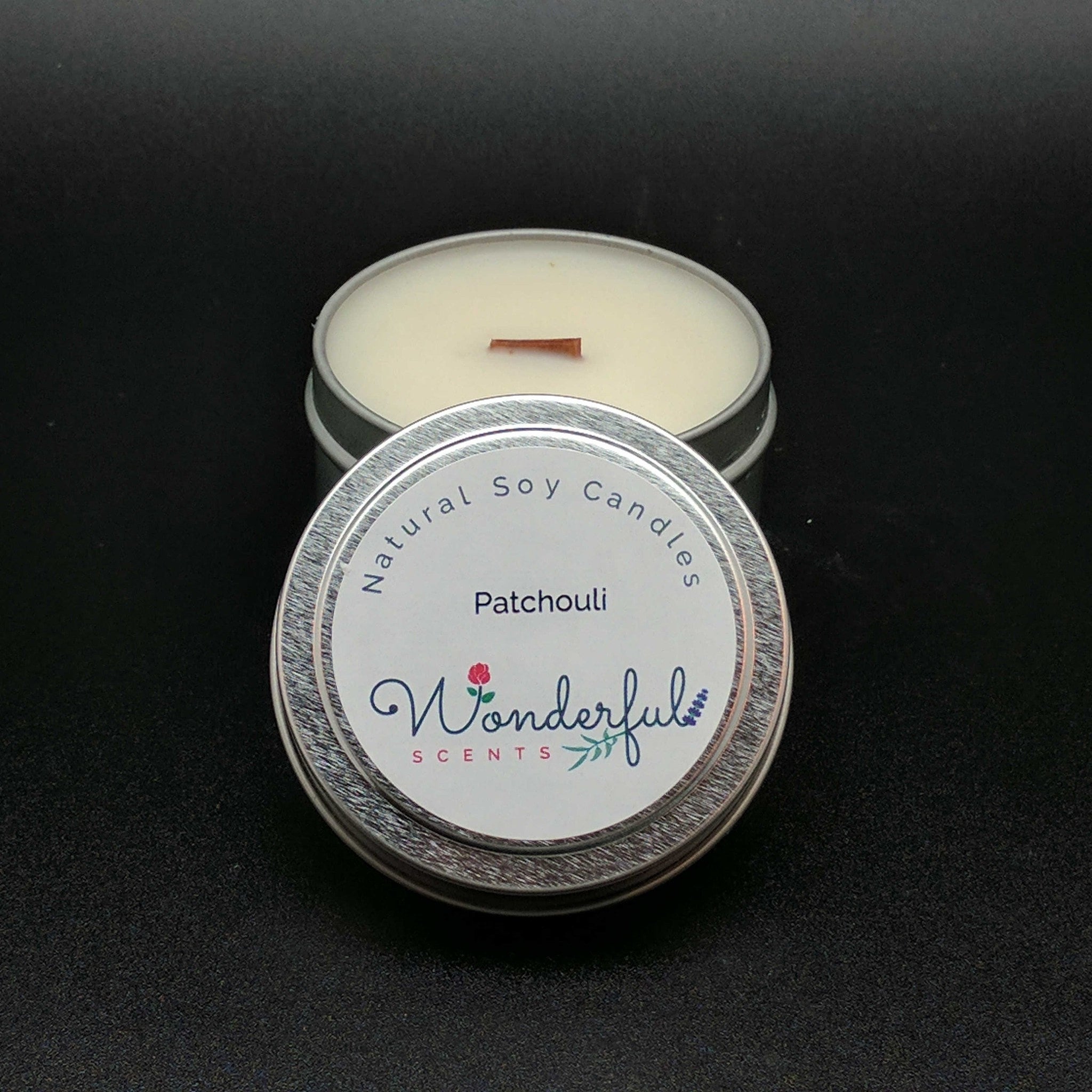 4 oz Soy Wax Travel Tin Patchouli Candles With Wood Wick