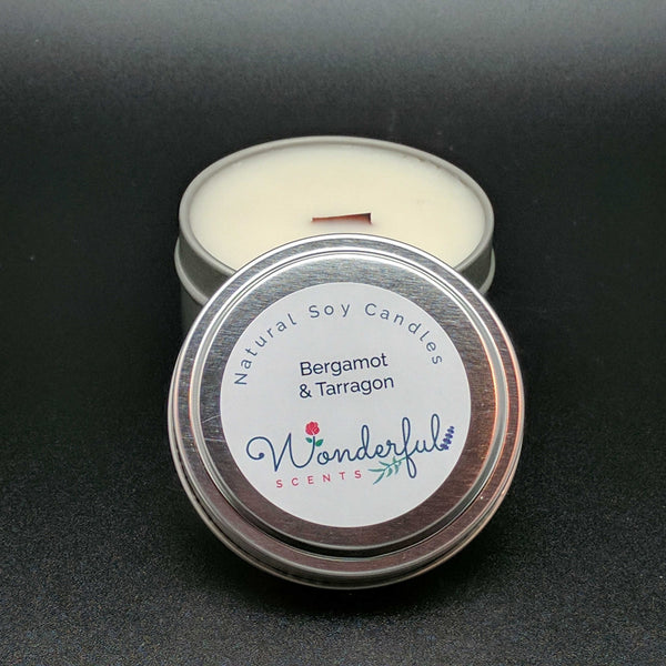 6 oz Soy Wax Travel Tin Bergamot and Tarragon Candles With Wood Wick