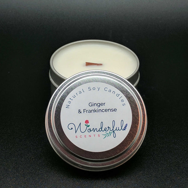 6 oz Soy Wax Travel Tin Ginger and Frankincense Candles With Wood Wick