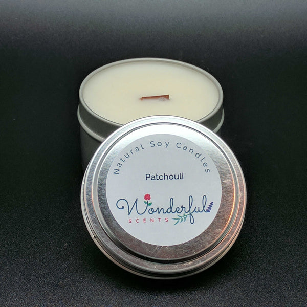 6 oz Soy Wax Travel Tin Patchouli Candles With Wood Wick