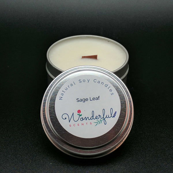 6 oz Soy Wax Travel Tin Sage Leaf Candles With Wood Wick