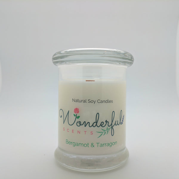 8 oz Bergamot and Tarragon Soy Wax Candle with Wood Wick Status Jar