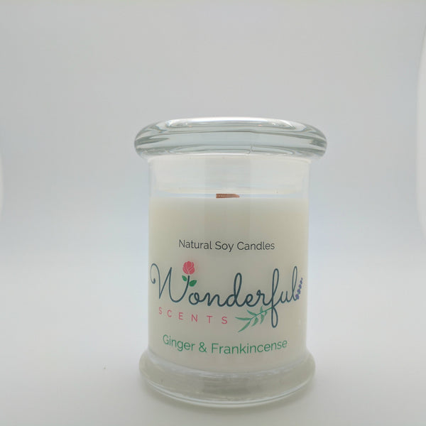 8 oz Ginger and Frankincense Soy Wax Candle with Wood Wick Status Jar