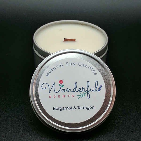 8 oz Soy Wax Travel Tin Bergamot and Tarragon Candles With Wood Wick