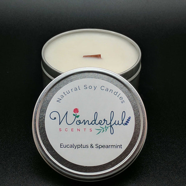 8 oz Soy Wax Travel Tin Eucalyptus and Spearmint Candles With Wood Wick