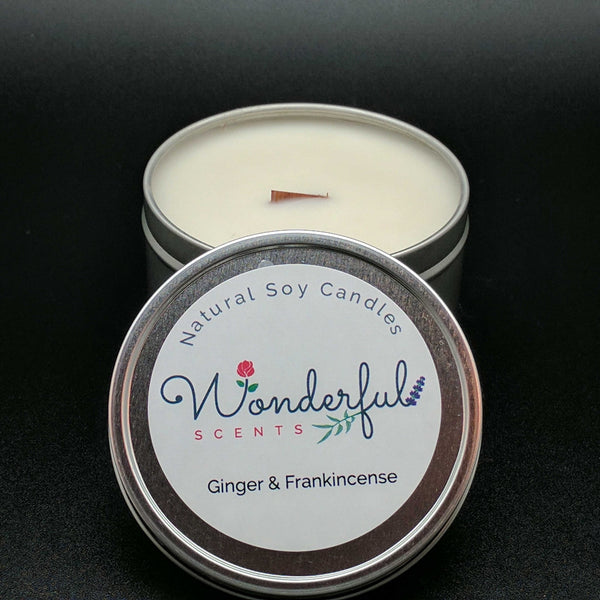 8 oz Soy Wax Travel Tin Ginger and Frankincense Candles With Wood Wick