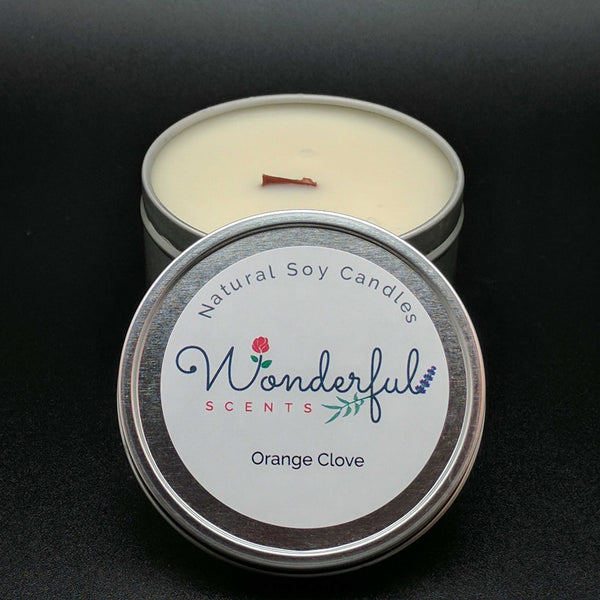 8 oz Soy Wax Travel Tin Orange Clove Candles With Wood Wick