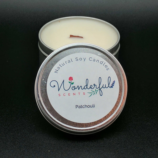 8 oz Soy Wax Travel Tin Patchouli Candles With Wood Wick