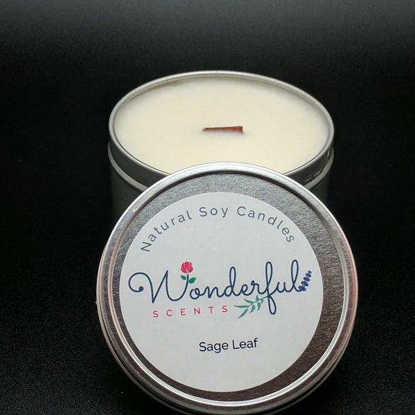 8 oz Soy Wax Travel Tin Sage Leaf Candles With Wood Wick