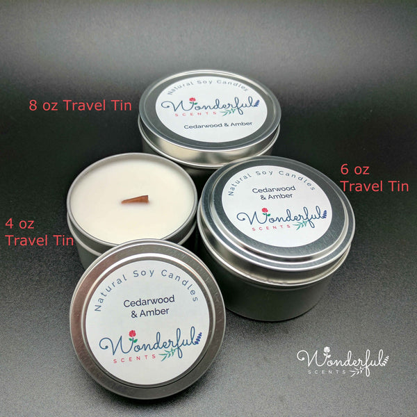 Wonderful Scents Soy Wax Travel Tin Candles With Wood Wick Collection Labeled