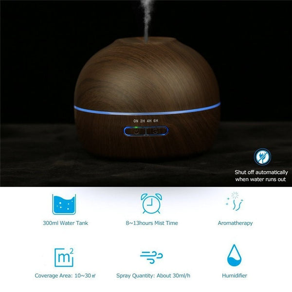 Features of the 300ml Wood Grained Essential Oil Diffuser with 7 Color LED Lights