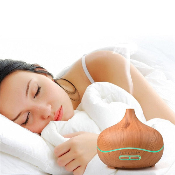 Sleeping with the 300 ml Light Wood Grain Ultrasonic Aroma Essential Oil Diffuser