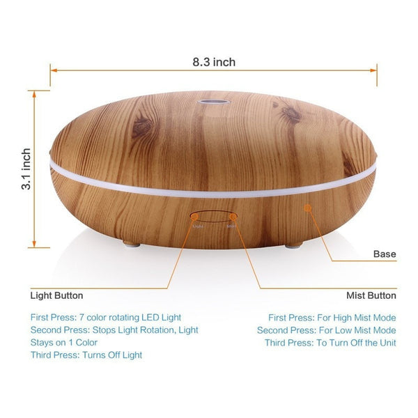 Size of 350 ml Essential Oil Diffuser With Cool Mist & Color LED Light Wood