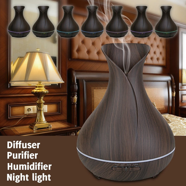 Colors of 400ml Dark Wood Grain Vase Style Essential Oil Diffuser