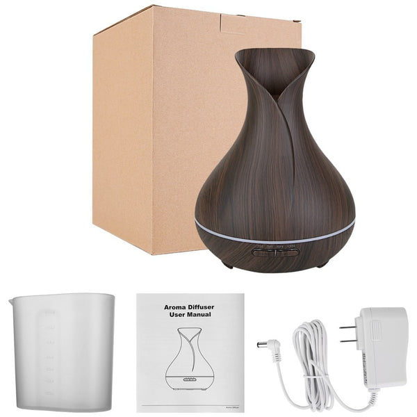 Box Contents for 400ml Dark Wood Grain Vase Style Essential Oil Diffuser